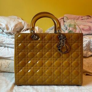 Dior Yellow Quilted Tote Bag with Gold Hardware